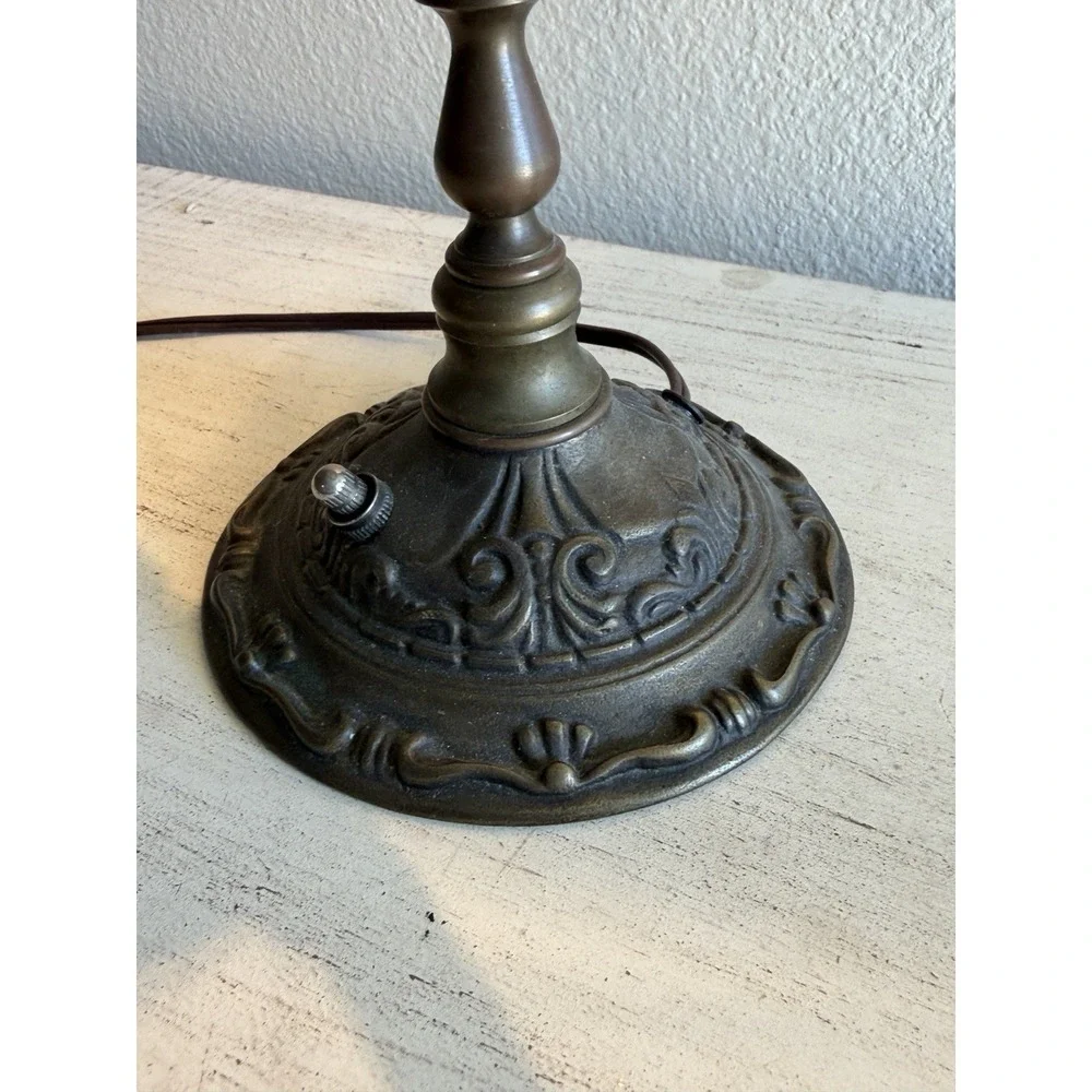Vintage Brass Desk Table Lamp w/ Black And‎ Gold Designed Shade 4 Candle Lights